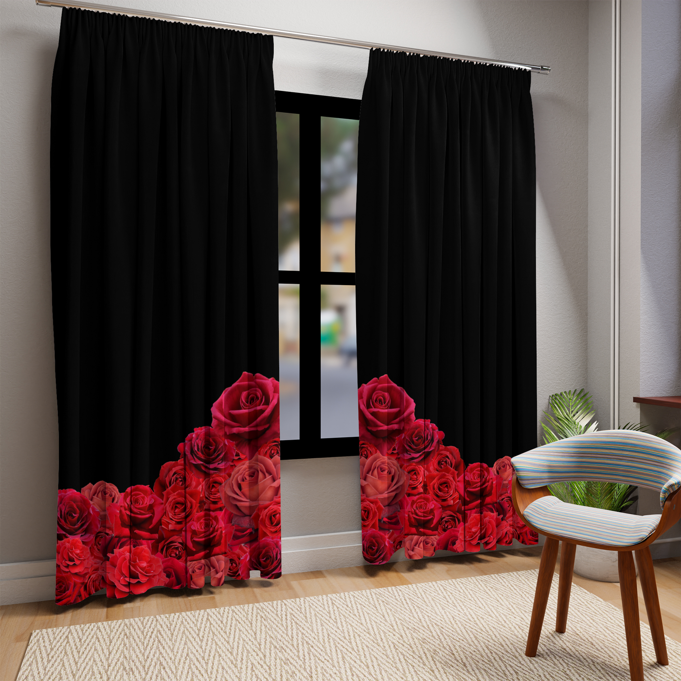 Red Roses Curtains on black - (2 panels)