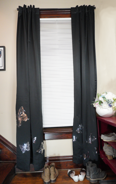 Black an d sil er danmei curtains, silver butterfly